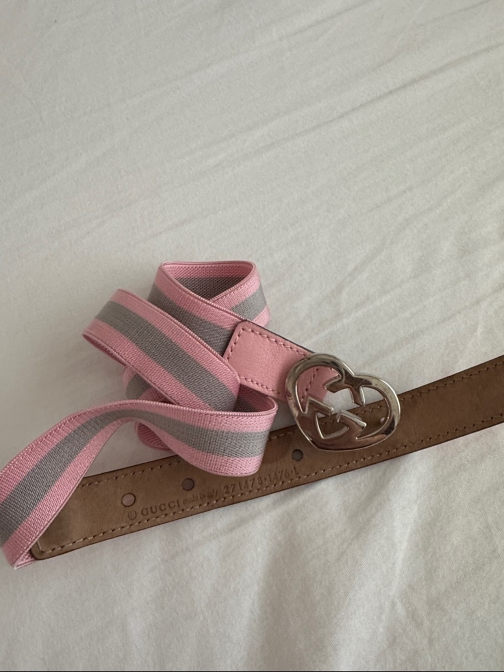 Gucci Pink and Gray Striped Heart GG Buckle Belt